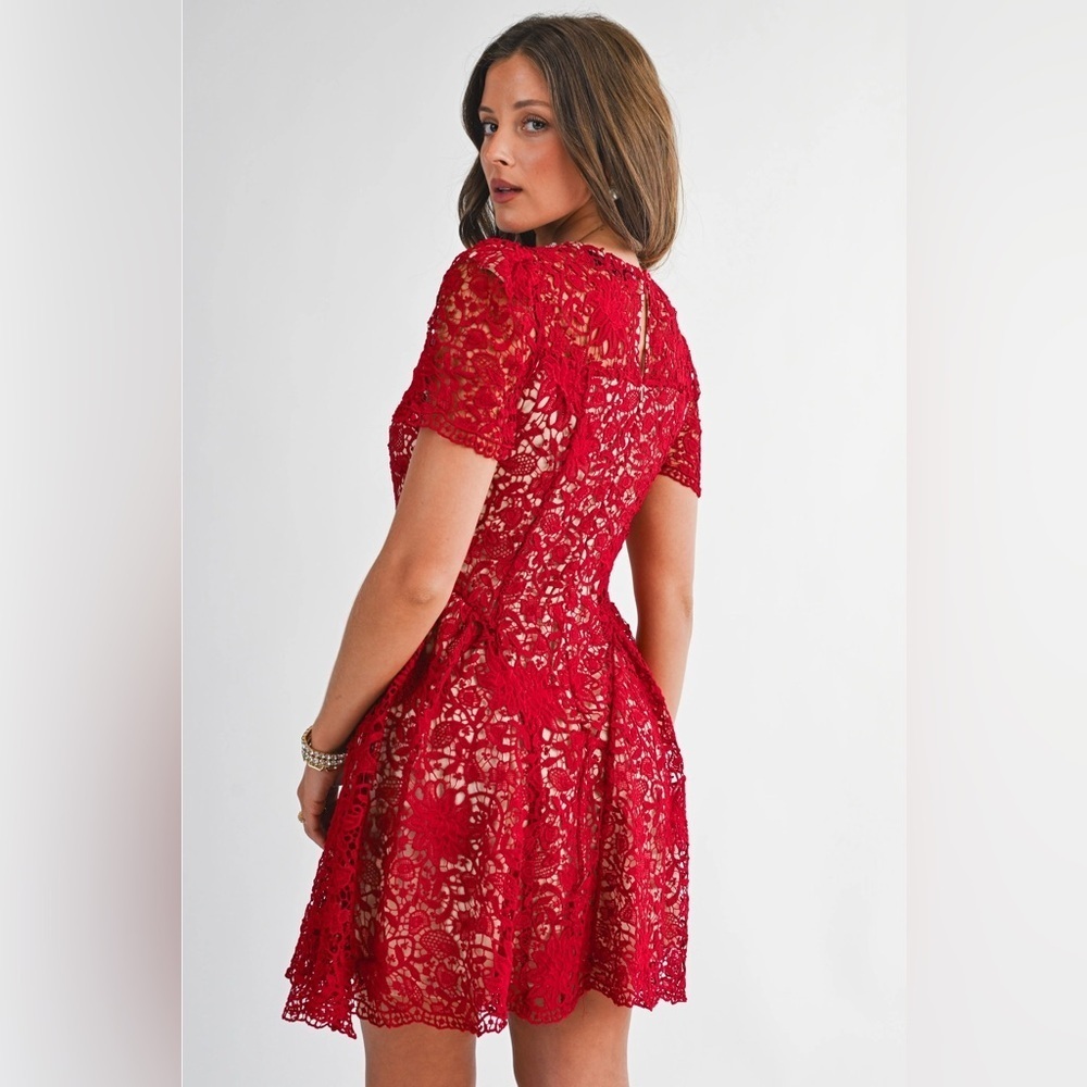 Endless Blu Red Lace Dress Pearl Neckline Festive Holidays - Picture 2 of 4